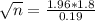 \sqrt{n} = \frac{1.96*1.8}{0.19}