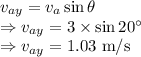 v_{ay}=v_a\sin\theta\\\Rightarrow v_{ay}=3\times \sin20^{\circ}\\\Rightarrow v_{ay}=1.03\ \text{m/s}