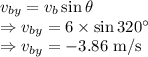 v_{by}=v_b\sin\theta\\\Rightarrow v_{by}=6\times \sin320^{\circ}\\\Rightarrow v_{by}=-3.86\ \text{m/s}