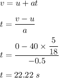 v=u+at\\\\t=\dfrac{v-u}{a}\\\\t=\dfrac{0-40\times \dfrac{5}{18}}{-0.5}\\\\t=22.22\ s