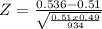 Z = \frac{0.536-0.51}{\sqrt{\frac{0.51 x 0.49}{934} } }