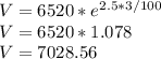 V = 6520 * e^{2.5*3/100 }\\V = 6520 * 1.078\\V = 7028.56