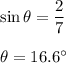 \sin\theta=\dfrac{2}{7}\\\\\theta=16.6^{\circ}
