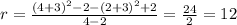 r = \frac{(4 + 3)^2 - 2 - (2 + 3)^2 + 2}{4 - 2}  = \frac{24}{2} = 12