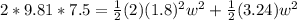 2*9.81*7.5=\frac{1}{2}(2)(1.8)^2w^2+\frac{1}{2}(3.24)w^2\\\\