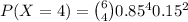 P(X=4)= \binom{6}{4}0.85^40.15^2
