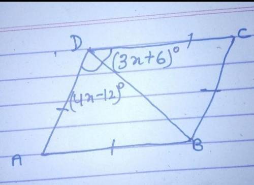 Rhombus ABCD has a diagonal BD¯¯¯¯¯.

m∠ADB=(4x−12)°
m∠CDB=(3x+6)°
What is the m∠ADC ?
Enter your an