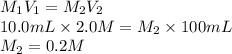 M_{1}V_{1} = M_{2}V_{2}\\10.0 mL \times 2.0 M = M_{2} \times 100 mL\\M_{2} = 0.2 M