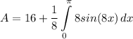 \displaystyle A = 16 + \frac{1}{8}\int\limits^{\pi}_0 {8sin(8x)} \, dx