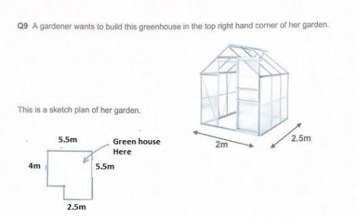 Q9 A gardener wants to build this greenhouse in the top right hand corner of her garden.

This is a