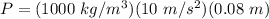 P = (1000\ kg/m^3)(10\ m/s^2)(0.08\ m)