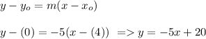y-y_o=m(x-x_o)\\\\y-(0)=-5(x-(4))~=y=-5x+20