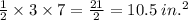 \frac{1}{2} \times 3 \times 7 = \frac{21}{2} = 10.5 \; in.^2