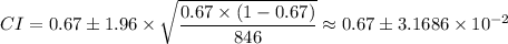 CI=0.67\pm 1.96\times \sqrt{\dfrac{0.67 \times (1-0.67)}{846}} \approx 0.67 \pm 3.1686\times 10^{-2}