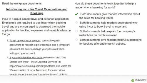 How do these documents work together to help a reader who is traveling for work?

Both documents giv