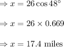 \Rightarrow x=26\cos 48^{\circ}\\\\\Rightarrow x=26\times 0.669\\\\\Rightarrow x=17.4\ \text{miles}