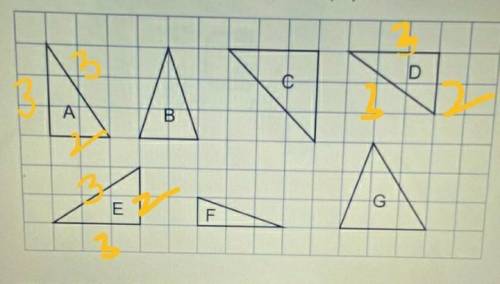 Some triangles are drawn on squared paper. Which 3 triangles are congruent to one another?