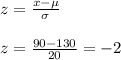 z=\frac{x-\mu}{\sigma} \\\\z=\frac{90-130}{20} =-2