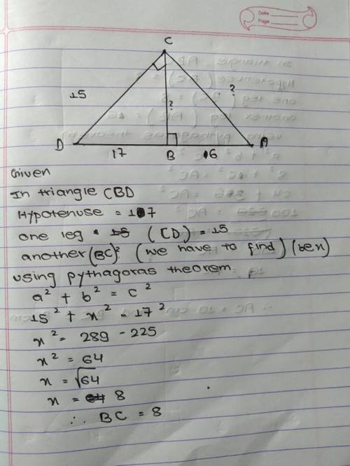 In the diagram,AB= 6 cm, BC= 17 cm, CD= 15 cm, ABC= BCD= 90°.
Find the lengths of BC and AC.