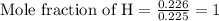 \text{Mole fraction of H}=\frac{0.226}{0.225}=1
