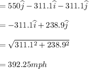 =550 \widehat{j} - 311.1 \widehat{i} - 311.1 \widehat{j}\\\\=-311.1 \widehat{i} + 238.9 \widehat{j}\\\\= \sqrt{311.1^2 + 238.9^2 }\\\\=392.25 mph