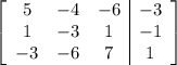 \left[\begin{array}{ccc|c}5&-4&-6&-3\\1&-3&1&-1\\-3&-6&7&1\end{array}\right]