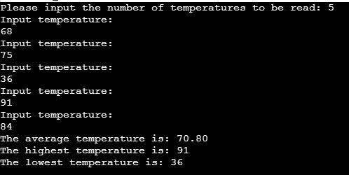 Write a program that will: 1. Call a function to input temperatures for consecutive days in an array