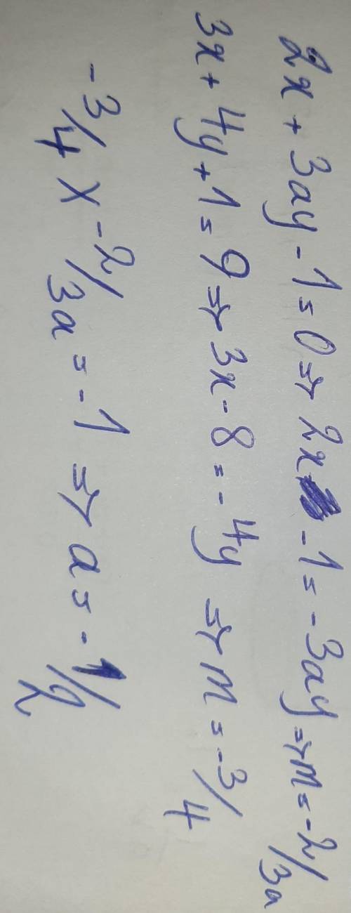 5. If the lines 2x + 3ay – 1 = 0 and 3x + 4y + 1 = 9 are mutually perpendicular, then the value of a