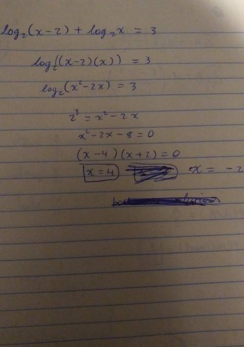What is the solution set to this equation? Log2(x - 2) + log2x = 3