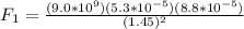 F_1=\frac{(9.0*10^9)(5.3*10^{-5})(8.8*10^{-5})}{(1.45)^2}