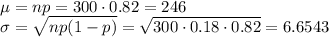 \mu=np=300\cdot 0.82=246\\\sigma=\sqrt{np(1-p)}=\sqrt{300\cdot 0.18\cdot 0.82}=6.6543