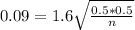 0.09 = 1.6\sqrt{\frac{0.5*0.5}{n}}