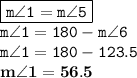 { \boxed{ \tt{m \angle1 = m \angle5}}} \\ { \tt{m \angle1 = 180 \degree - m \angle6}} \\ { \tt{m \angle1 = 180 \degree - 123.5 \degree}} \\ { \bf{m \angle1 = 56.5 \degree}}