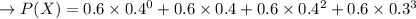 \to P(X)=0.6 \times 0.4^0 +0.6 \times 0.4 + 0.6 \times 0.4 ^2 + 0.6 \times 0.3^3