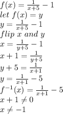 f(x)=\frac{1}{x+5} -1\\let~f(x)=y\\y=\frac{1}{x+5} -1\\flip~x~and~y\\x=\frac{1}{y+5} -1\\x+1=\frac{1}{y+5} \\y+5=\frac{1}{x+1} \\y=\frac{1}{x+1} -5\\f^{-1}(x)=\frac{1}{x+1} -5\\x+1\neq 0\\x\neq -1