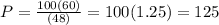 P = \frac{100(60)}{(48)} = 100(1.25) = 125
