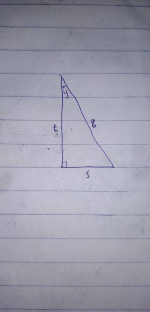 Look at the figure below: an image of a right triangle is shown with an angle labeled y degrees If s
