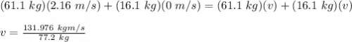 (61.1\ kg)(2.16\ m/s)+(16.1\ kg)(0\ m/s)=(61.1\ kg)(v)+(16.1\ kg)(v)\\\\v = \frac{131.976\ kgm/s}{77.2\ kg}