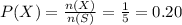 P(X) = \frac{n(X)}{n(S)} = \frac{1}{5} = 0.20
