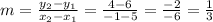 m=\frac{y_2-y_1}{x_2-x_1}=\frac{4-6}{-1-5}=\frac{-2}{-6}=\frac{1}{3}