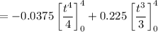 $=-0.0375 \left[ \frac{t^4}{4} \right]^4_0 + 0.225 \left[ \frac{t^3}{3} \right]^4_0$