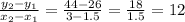 \frac{y_{2}-y_{1}}{x_{2}-x_{1}}=\frac{44-26}{3-1.5}=\frac{18}{1.5}=12