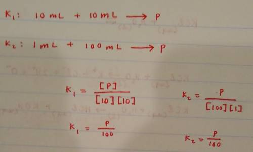 Consider an equilibrium (K1) that is established after 10 mL of compound A and 10 mL of compound B a