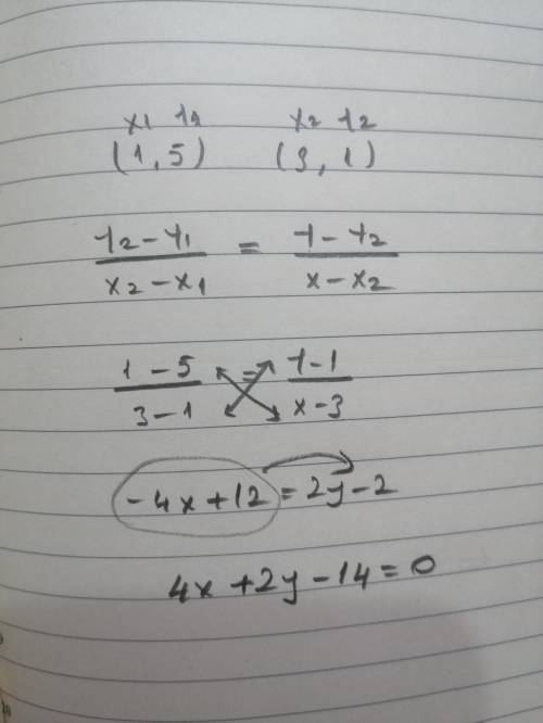 What is the equation of the line that passes through (1,5) and (3,1)