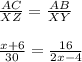 \frac{AC}{XZ}=\frac{AB}{XY}\\\\\frac{x+6}{30}=\frac{16}{2x-4}