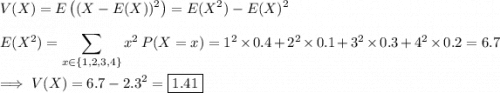 \displaystyle V(X) = E\left((X-E(X))^2\right) = E(X^2) - E(X)^2 \\\\ E(X^2) = \sum_{x\in\{1,2,3,4\}}x^2\,P(X=x) = 1^2\times0.4 + 2^2\times0.1 + 3^2\times0.3 + 4^2\times0.2 = 6.7 \\\\ \implies V(X) = 6.7 - 2.3^2 = \boxed{1.41}