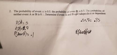 The probability of event A is .5. The probability of event B is .7. The probability of neither event