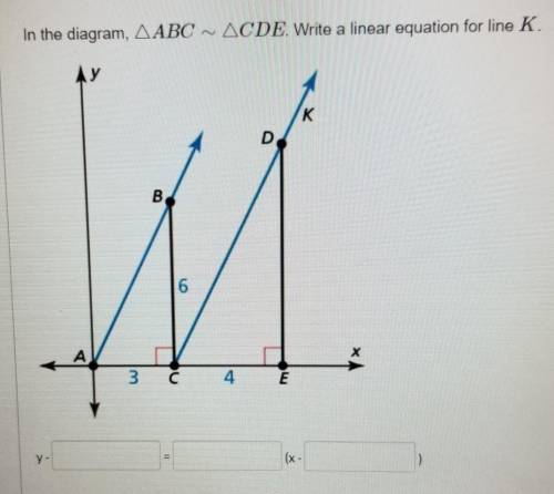 In the diagram, triangle ABC is congruent to triangle CDE. Write a linear equation for line K.I need