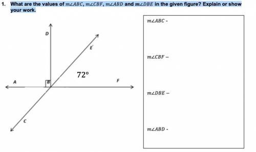 What are the values of m∠ABC, m∠CBF, m∠ABD and m∠DBE in the given figure? Explain or show your work.