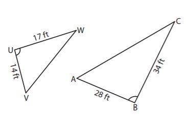 Determine if the triangles, ΔUVW and ΔBAC, are similar. If so, identify the similarity criterion. A)